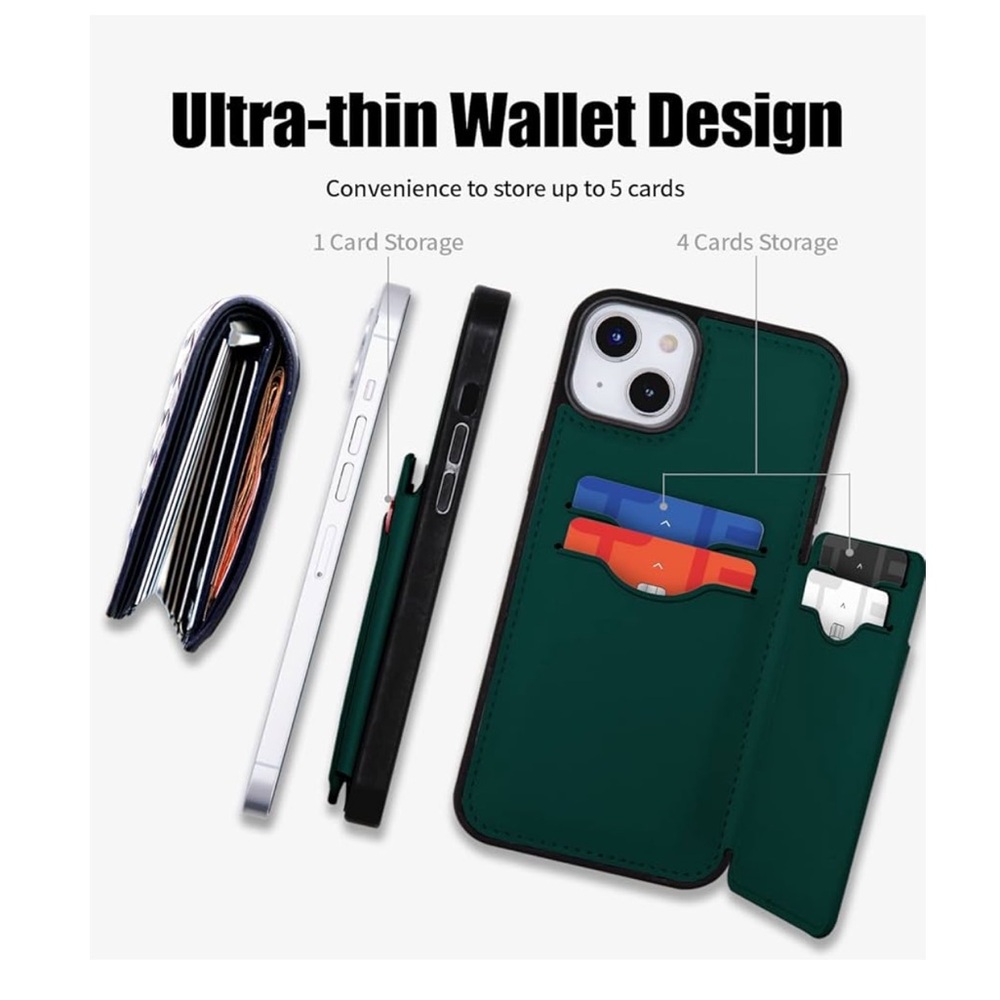 iPhone 14 5 Card Case Ultra Slim Magnetic Closure Shockproof Wallet Green - Picture 3 of 8